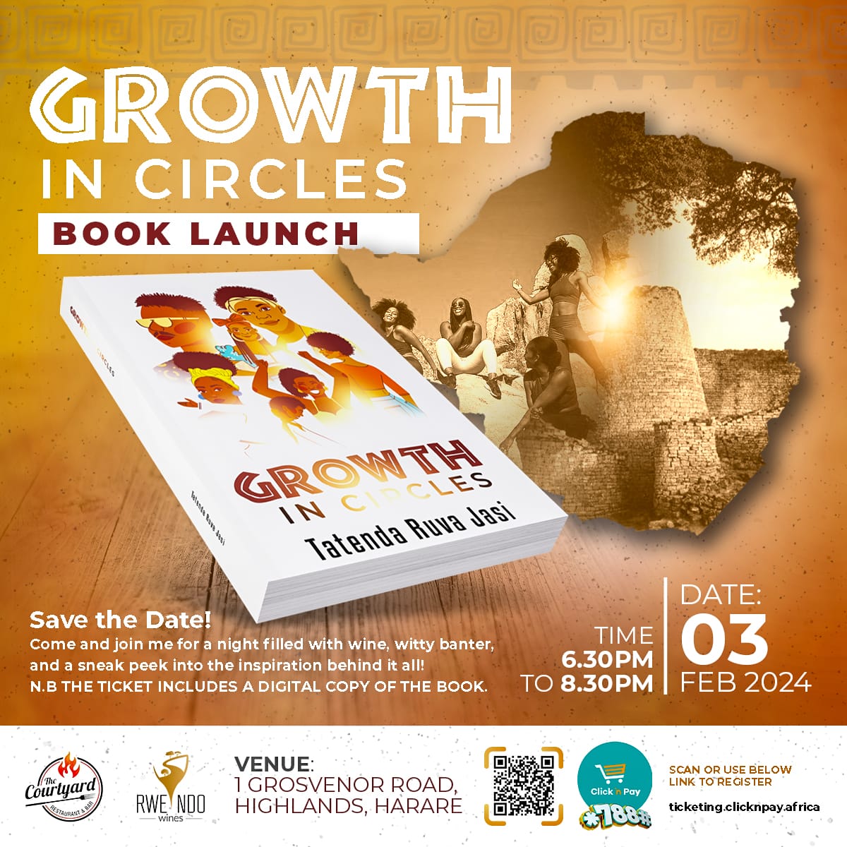 Save the Date! 

Come and join me for a night filled with wine, witty banter, and a sneak peek into the inspiration behind it all! Get your ticket now by clicking the link ticketing.clicknpay.africa/#/my-event/468. 

N.B The ticket includes a digital copy of the book.