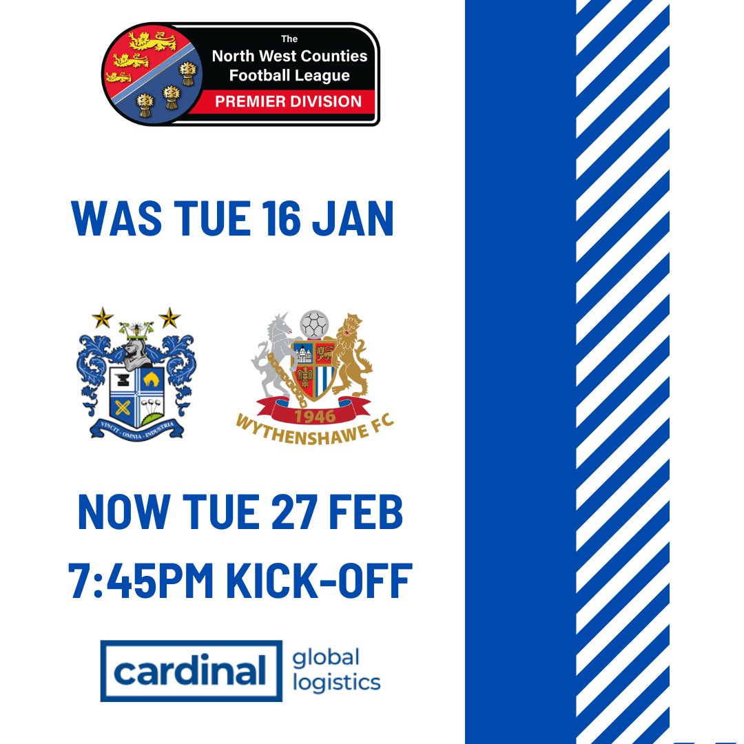 WythenshaweFC's tweet photo. FIXTURE REARRANGEMENT!

We can confirm our postponed away league game against @buryfcofficial which was meant to take place on Tuesday 16 January, has been rearranged for Tuesday 27 February - kick-off will be 7:45pm ⚽️

#UpTheAmmies 🔵⚪️ https://t.co/EFJO8dIqjM