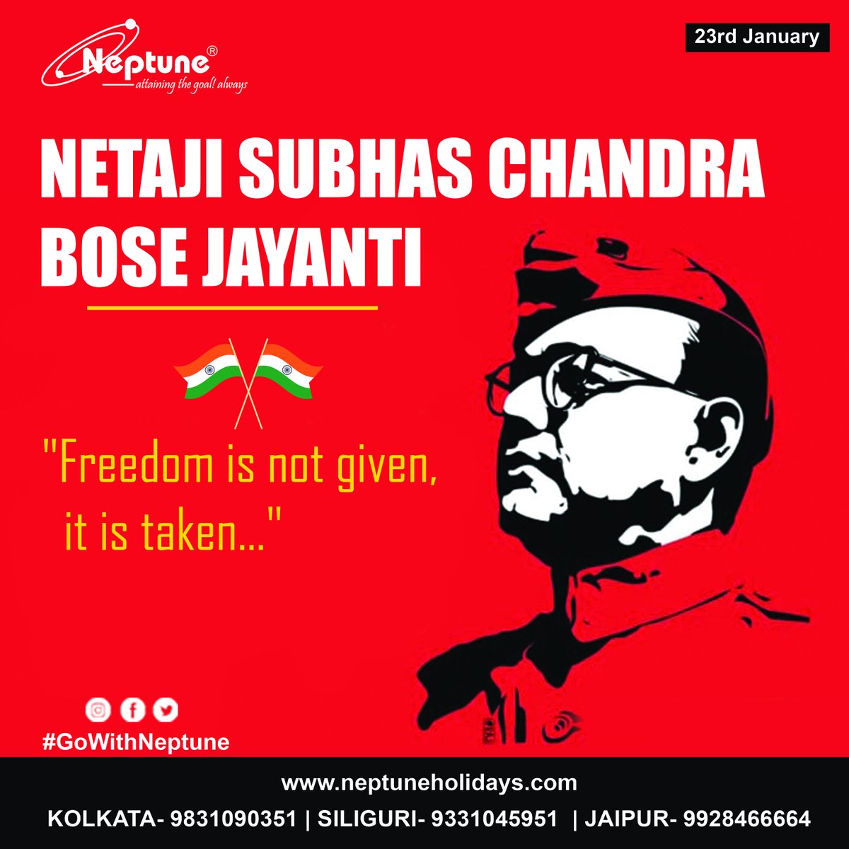 gowithneptune's tweet photo. Remembering the fearless leader Netaji Subhas Chandra Bose on his birth anniversary. His undying spirit and sacrifice continue to inspire us toward a brighter future. 🙏🌼
#NetajiJayanti #FreedomFighter #SaluteToTheHero #gowithneptune #neptune https://t.co/kIoFfLfWJo