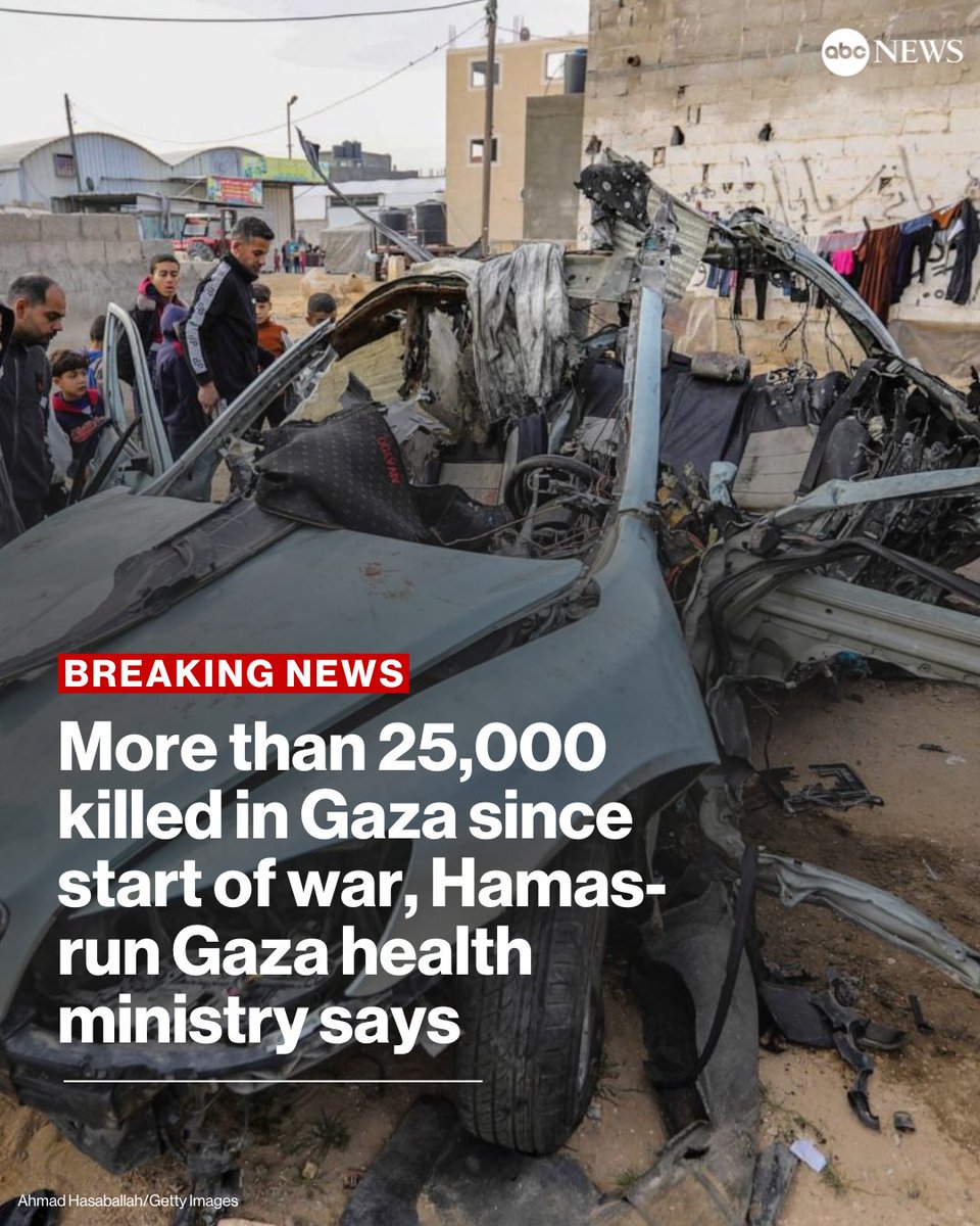 BREAKING: The death toll in Gaza has now surpassed 25,000 people since the start of the war, according to the Hamas-run Gaza Ministry of Health. Read more about the Israel-Hamas conflict: trib.al/WpKVwN4