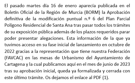 avvpsa's tweet photo. Publicada la modificación definitiva del Plan Parcial Nº 6 del Polígono Santa Ana en el BORM
1) https://t.co/oMMzdD70Kk
#poligonosantaana #construyendobarrio #avvpoligonosantaana #clubmayoresmayorazgo #unlocalsocialyaenpoligonosantaana #FAVCAC #UrbanismoCartagena #AytoCartagena https://t.co/FrFOS4X0Ir