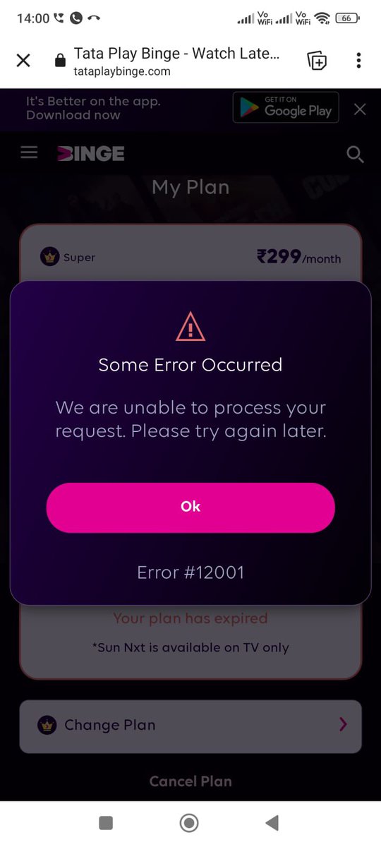 lalit24's tweet photo. @TataPlayBinge 
subscriber id:-1312717513 
Tata binge app and site both are utterly unreliable and useless applications u simply can’t cancel ur binge subscription 
@TataPlayin @tataplayfiber tata sucks https://t.co/4V51hcGifI