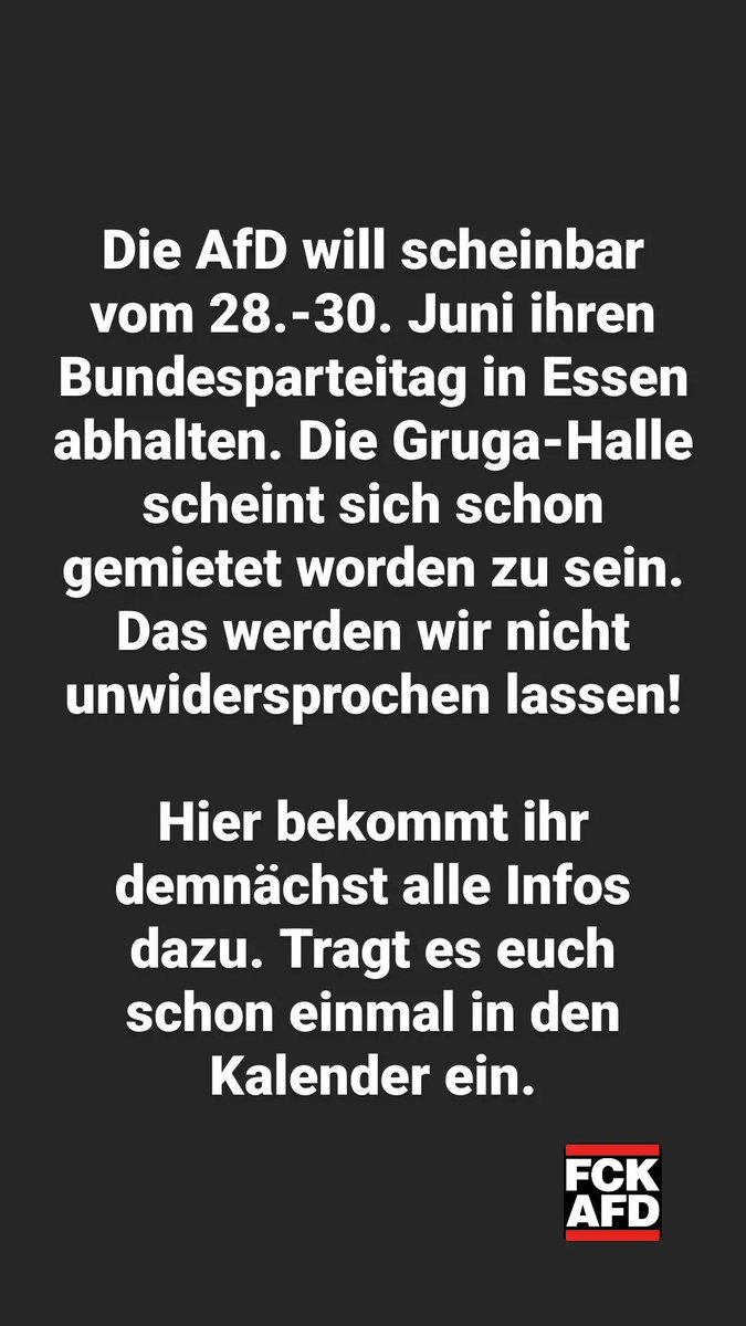 EssenQuer's tweet photo. Die #noAfD scheint vom 29.-30. Juni in #Essen ihren #Bundesparteitag austragen zu wollen. Das werden wir nicht unwidersprochen lassen. Infos bekommt ihr dann natürlich hier. 
Tragt euch das Datum schon einmal in den Kalender. Alle zusammen gegen den Faschismus! https://t.co/tQ3arM3Zf6