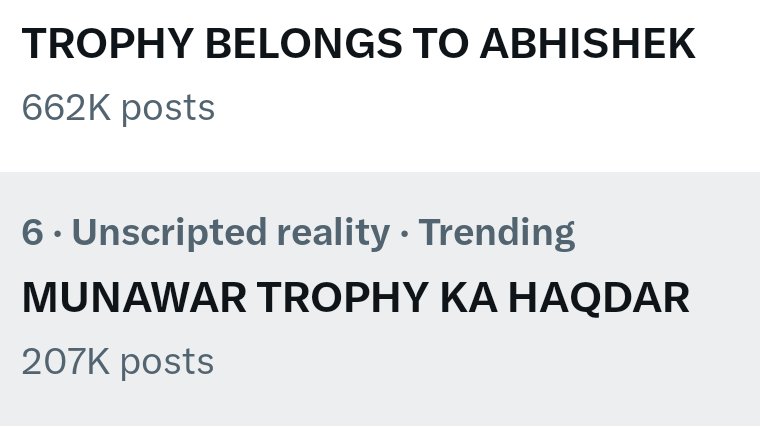 Which trend are you supporting??

Retweet for  TROPHY BELONGS TO ABHISHEK

Like for  MUNAWAR TROPHY KA HAQDAR
