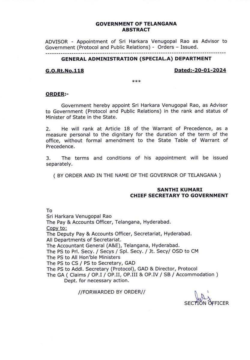 ADVISOR - Appointment of Sri Harkara Venugopal Rao, as Advisor to Government (Protocol and Public Relations) - Orders - Issued.