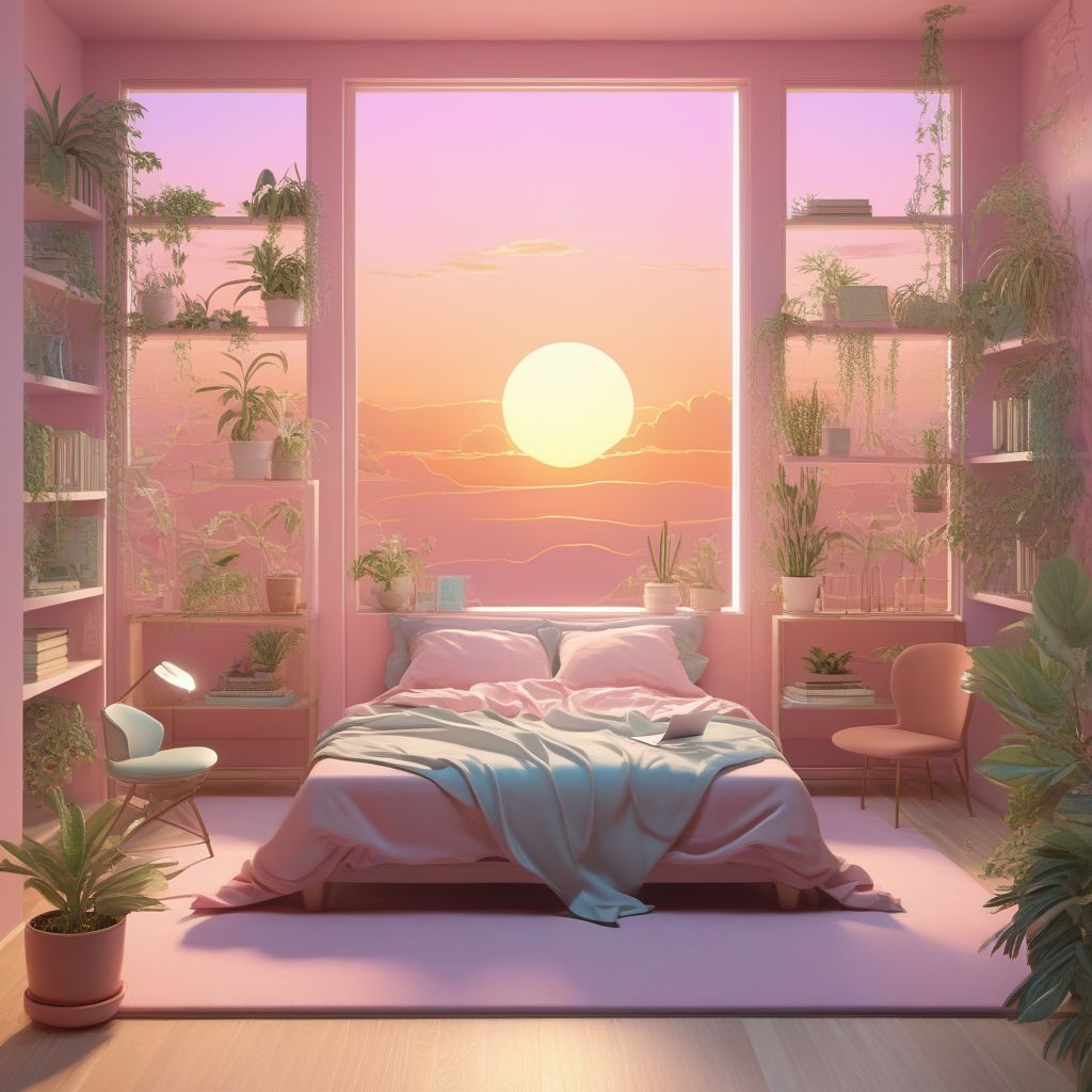 isometric render, sunset bedroom with laptop and table with pastel colors, windows, plants bookshelves, desk, 3d art, muted colors, perfect lighting, high detail, concept art, behance