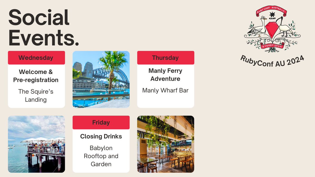 🚢 Ship it. 🚢

Our social calendar is live, including an exciting ferry adventure to Manly! 

Check out our latest newsletter for more information: rubyaustralia.cmail19.com/t/j-e-sjujrld-…

Have you got your ticket yet? Early Bird is almost sold out: ti.to/ruby-australia…