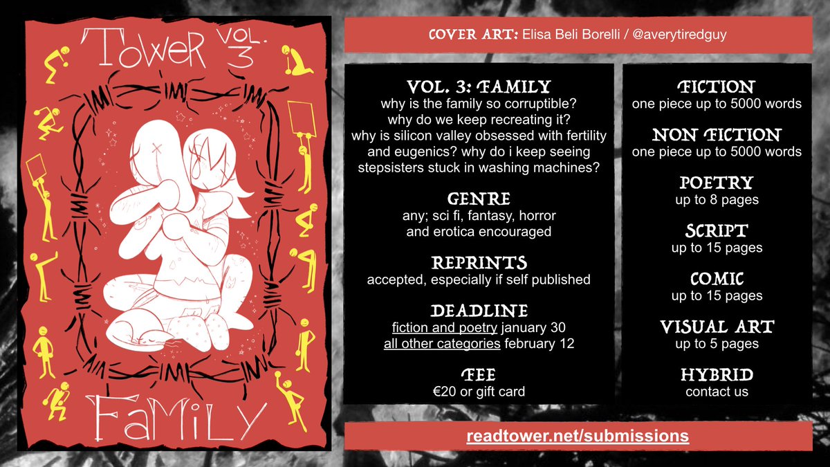 TOWER (@read_tower) on Twitter photo VOL. 3: FAMILY features a beautiful cover by <a href="/averytiredguy/">Eli 🌿 (Elisa Beli Borrelli) | NEW SHORT OUT NOW</a> capturing all of the conflict and uncertainty that can underlie family. 💔
We're thrilled to share it along with updated deadlines for non fiction and art; send us comics, essays and more until February 12! 👪 VOL. 3: FAMILY features a beautiful cover by <a href="/averytiredguy/">Eli 🌿 (Elisa Beli Borrelli) | NEW SHORT OUT NOW</a> capturing all of the conflict and uncertainty that can underlie family. 💔
We're thrilled to share it along with updated deadlines for non fiction and art; send us comics, essays and more until February 12! 👪