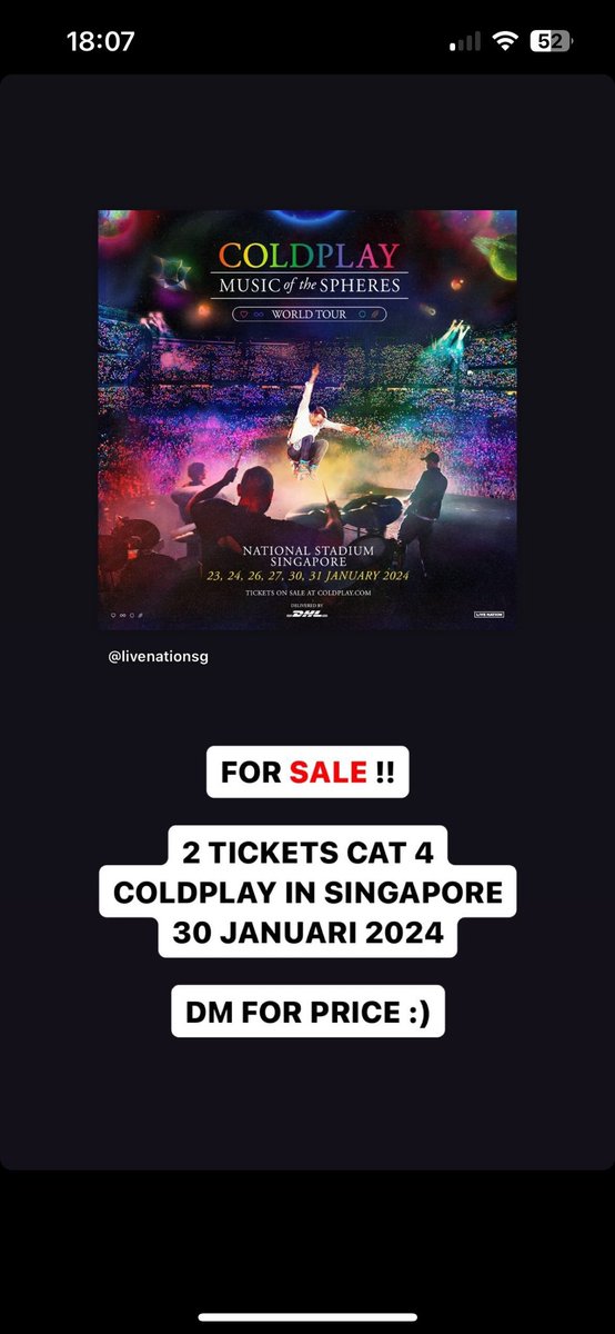 For sale, 2 tickets CAT 4 Coldplay in Singapore, 30 January 2024, DM for Price!! #wts #coldplay #COLDPLAYinSG