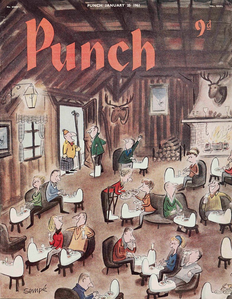 PunchBooks's tweet photo. Today's PUNCH colour cover. Planning on a winter sports break? After not much practice? Oh well, they still seem to be enjoying themselves! Jean-Jacques Sempé 1961 #sports #skiing #skiers #accidents #plastercasts #medicine #apresski https://t.co/5XJNtBAxME