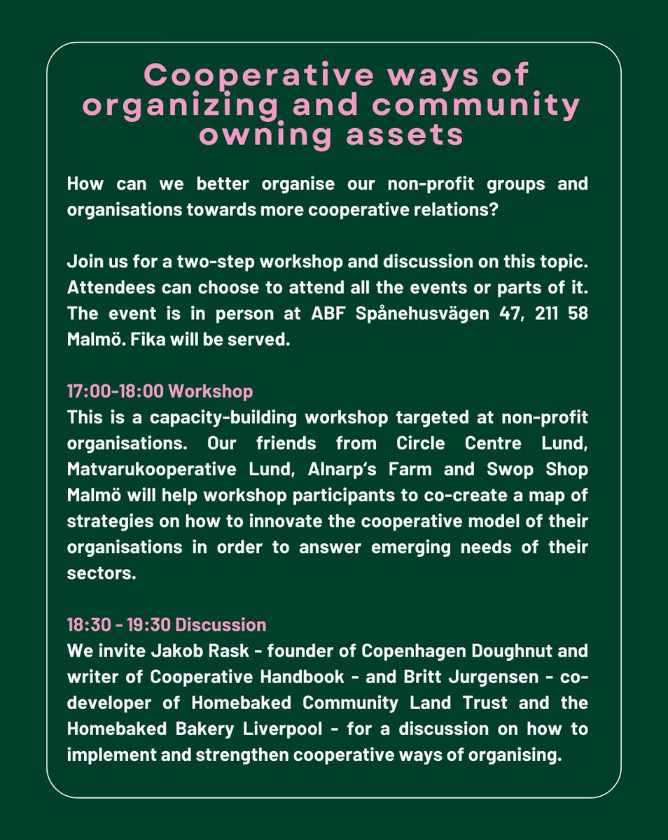 If you are around Malmö this Wednesday 24th of Jan 17:00, join us for a workshop and discussion on the challenges and future possibilities for community and cooperative ways of organising