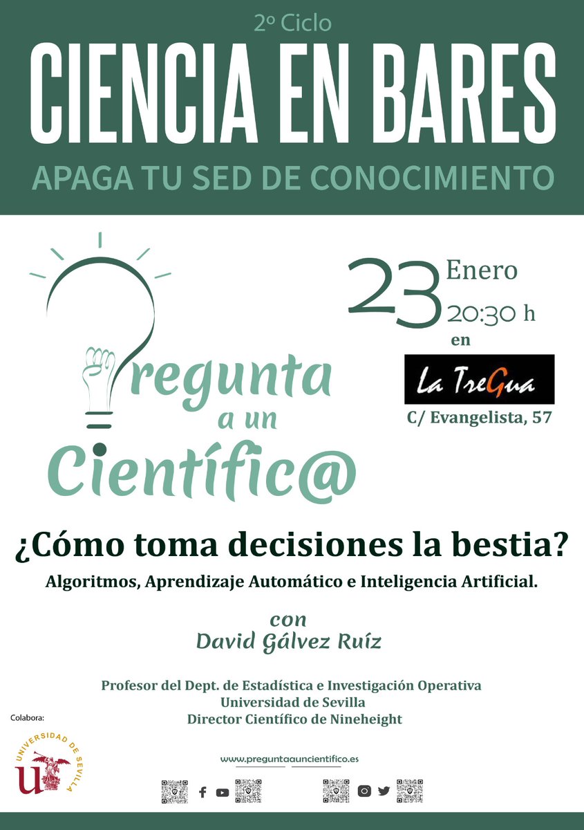PreguntaAUnaCientifica (@pregu_ciencia) on Twitter photo Comenzamos el año hablando de #InteligenciaArtificial #ai con el investigador David Gálvez. Creo que va a ser muy interactiva. Abierto a todos y a todas. 😉
📅 23 febrero
🕜 20:30
🚩 <a href="/LaTreGuaSevilla/">LaTreGuaSevilla</a>
<a href="/unisevilla/">Universidad de Sevilla</a> <a href="/diariosevilla/">Diario de Sevilla</a> <a href="/EFEnoticias/">EFE Noticias</a> #Sevilla #cienciaenbares Comenzamos el año hablando de #InteligenciaArtificial #ai con el investigador David Gálvez. Creo que va a ser muy interactiva. Abierto a todos y a todas. 😉
📅 23 febrero
🕜 20:30
🚩 <a href="/LaTreGuaSevilla/">LaTreGuaSevilla</a>
<a href="/unisevilla/">Universidad de Sevilla</a> <a href="/diariosevilla/">Diario de Sevilla</a> <a href="/EFEnoticias/">EFE Noticias</a> #Sevilla #cienciaenbares