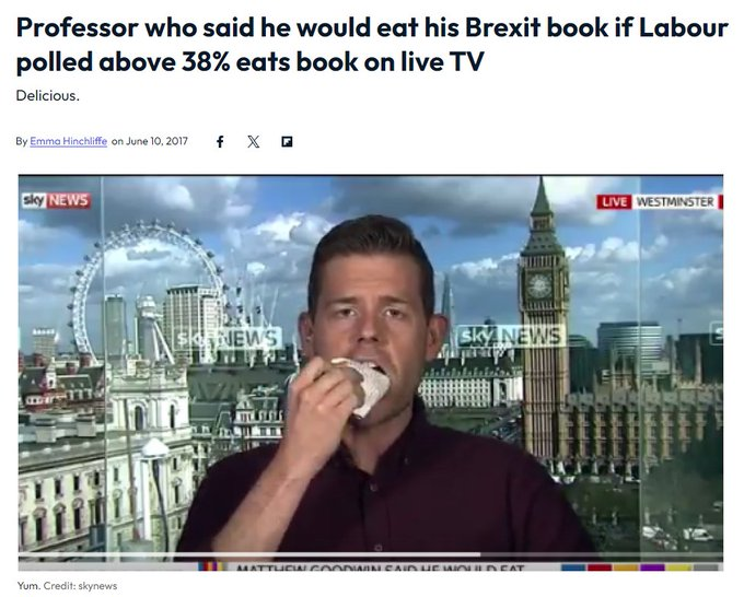 This infantile clickbait bullshit predicting 'the strange death of the Conservative Party' from grifter Matt Goodwin really concerns me.

Why? 

Because when he made a prediction about #GE2017, the idiot got it SO wrong that he ended up eating pages from his book on national TV!