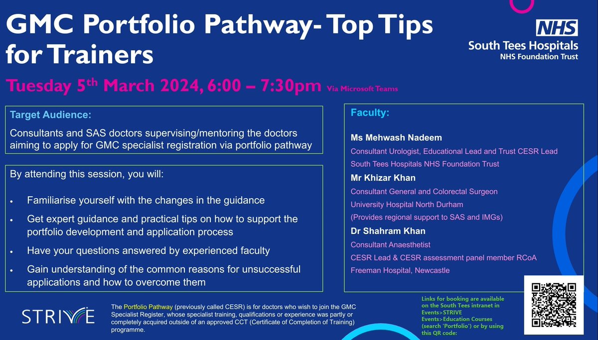 GMC Portfolio pathway:Top tips for trainers.
Online webinar for trainers who support,train &amp;mentor CESR applicants.
Learn how you can make a difference to their application &amp; their career.
Register &amp;secure your place.
<a href="/SouthTees/">South Tees Hospitals</a> <a href="/STeesPGED/">STRIVEPostgrad</a> <a href="/_khaledhosny/">Khaled Hosny🦅🇪🇬</a> <a href="/drrickaz/">Rickaz Raheem</a> @RobJimFleming