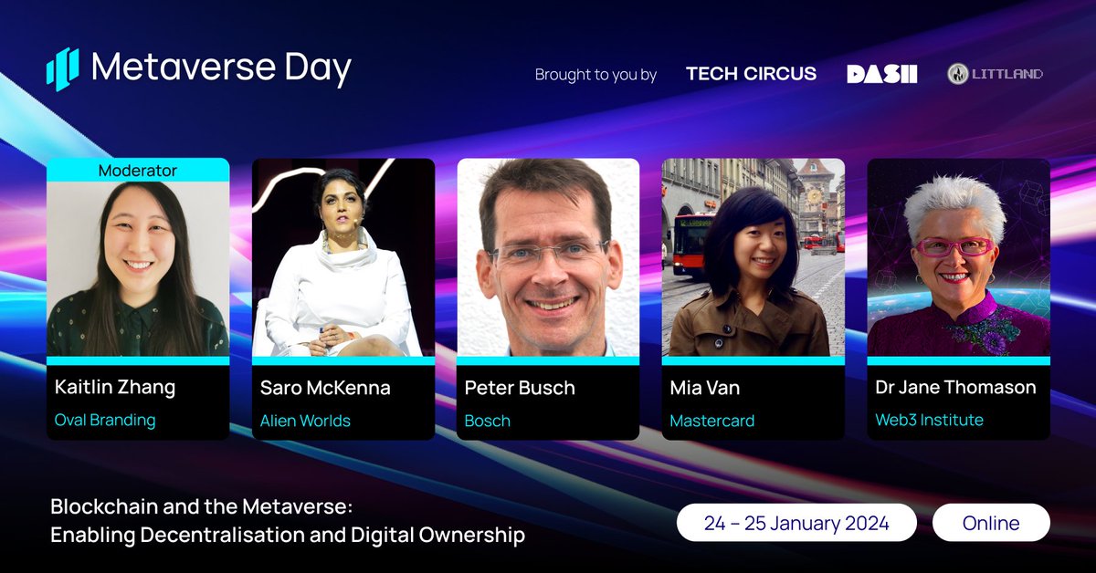 📢 In just over one week, <a href="/dacocoio/">dacoco.io</a> GmbH CEO and #AlienWorlds Co-Founder, Saro McKenna, will be part of an eminent panel at Metaverse Day, hosted by @TechCircus_ on January 24th, 2024 from 1:35-2:35 PM EST. We are honored to share her participation in 'Blockchain and the
