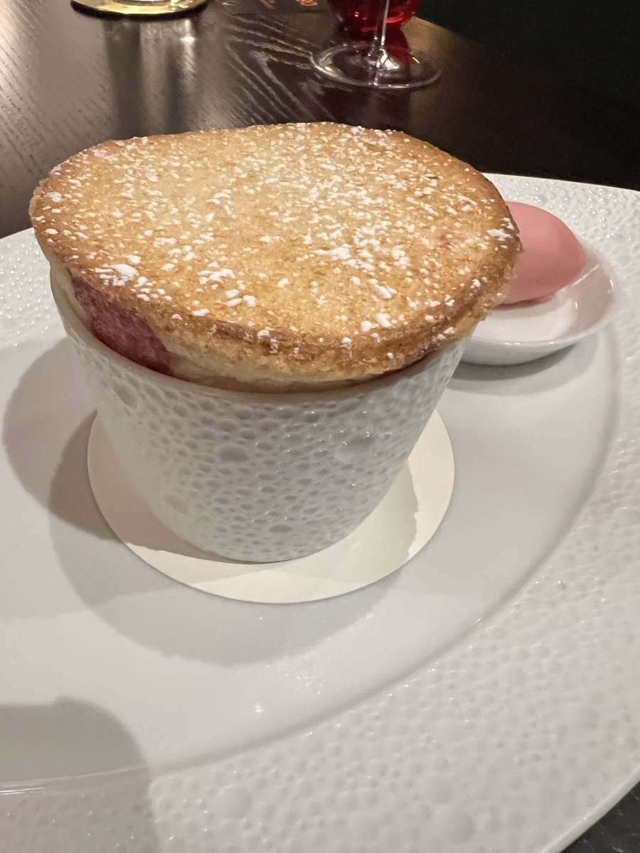 Rhubarb souffle at Atelier Robuchon in Mayfair