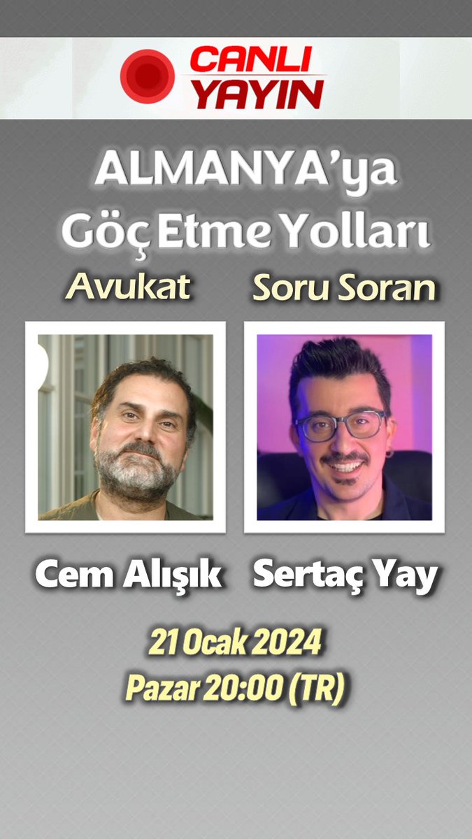 BerlinHukuk's tweet photo. Avukat Cem Alışık 21 Ocal Pazar Türkiye saati ile 20:00, Almanya saati ile 18:00'de canlı yayında Sertaç Yay'ın sorularını cevaplıyor. Katılmak için 
https://t.co/vOg64etNKJ https://t.co/LxSr2xkgJ2