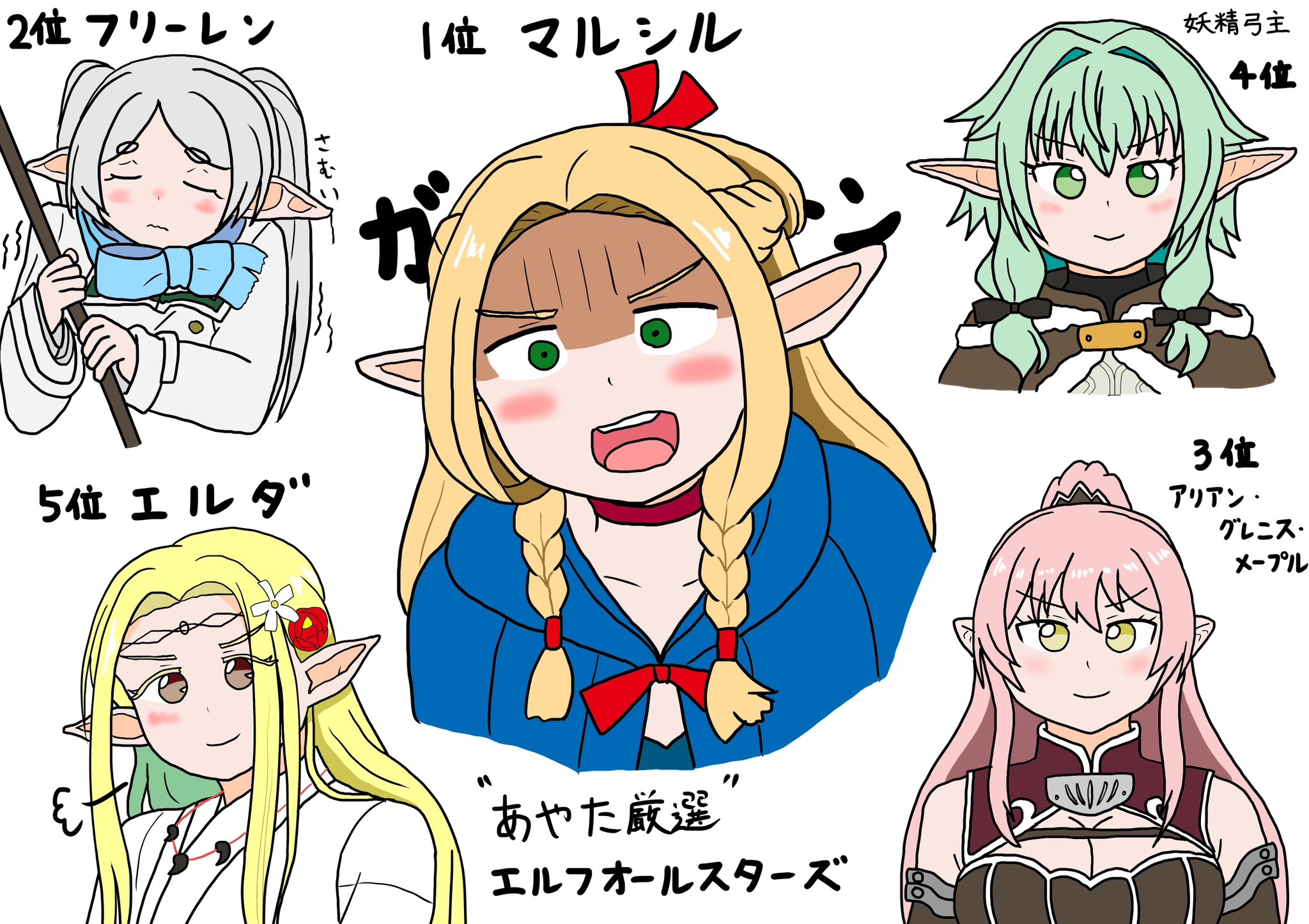 エルフオールスター エルフオールスターが完成しましたー😆 最後はダンジョン飯のマルシルです⭐️ マルシルは今回のエルフオールスターを描きたいきっかけをくれた自分史上最高に面白いキャラクターですw  可愛いし、喜怒哀楽も激しくて見ていて本当に笑わせてくれました ...