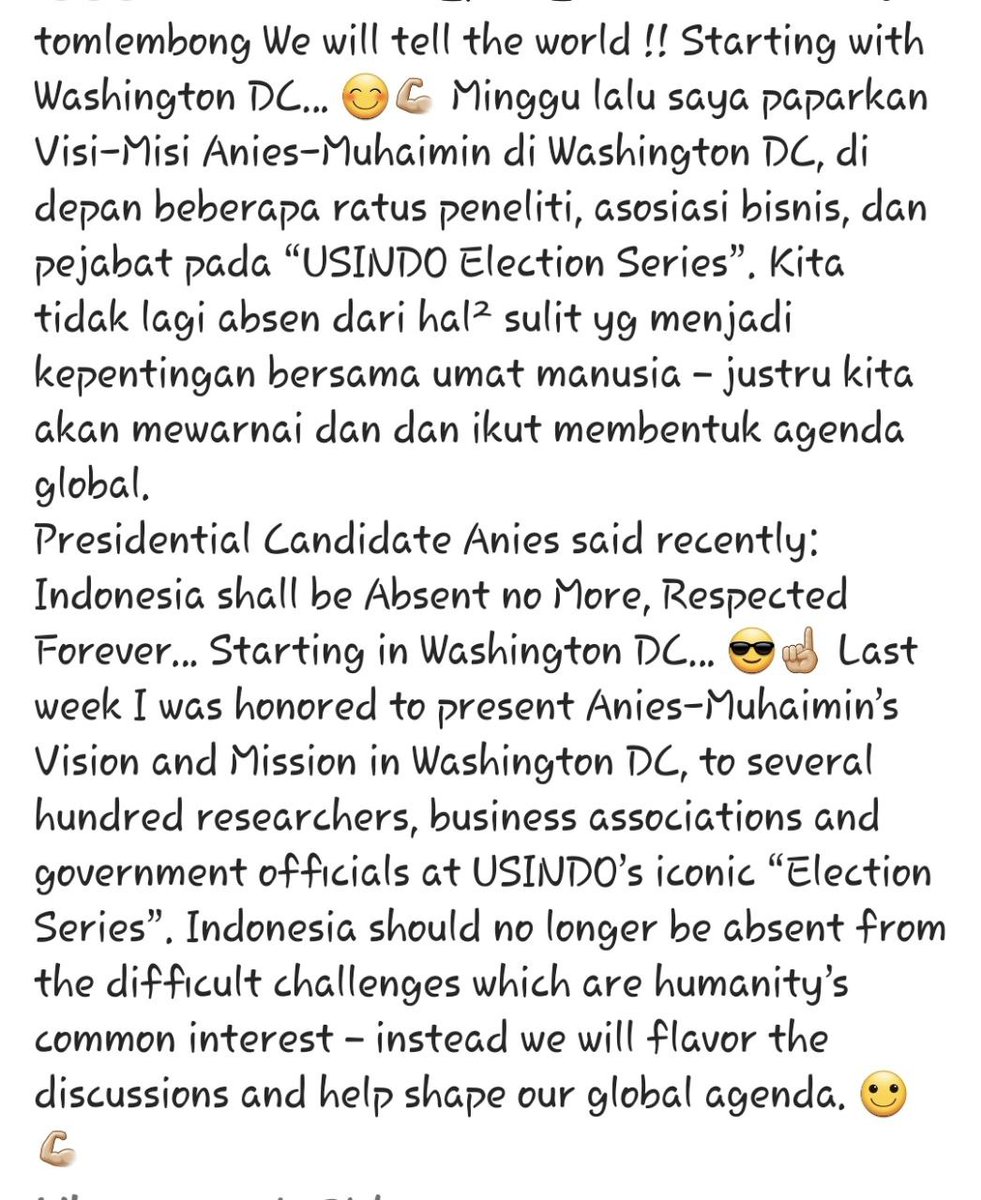 ommi_siregar's tweet photo. Kabar keren dari pak Tom.. 

Tom Lembong 
We will tell the world!! Starting with Washington DC... Minggu lalu saya paparkan Visi-Misi Anies-Muhaimin di Washington DC, di depan beberapa ratus peneliti, asosiasi bisnis, dan pejabat pada "USINDO Election Series". Kita tidak lagi absen dari hal² sulit yg menjadi kepentingan bersama umat manusia – justru kita akan mewarnai dan dan ikut membentuk agenda global.

Presidential Candidate Anies said recently: Indonesia shall be Absent no More, Respected Forever... Starting in Washington DC... Last week I was honored to present Anies-Muhaimin's Vision and Mission in Washington DC, to several hundred researchers, business associations and government officials at USINDO's iconic "Election Series". Indonesia should no longer be absent from the difficult challenges which are humanity's common interest - instead we will flavor the discussions and help shape our global agenda

AMIN AJA DULU☝ 1⃣🇮🇩