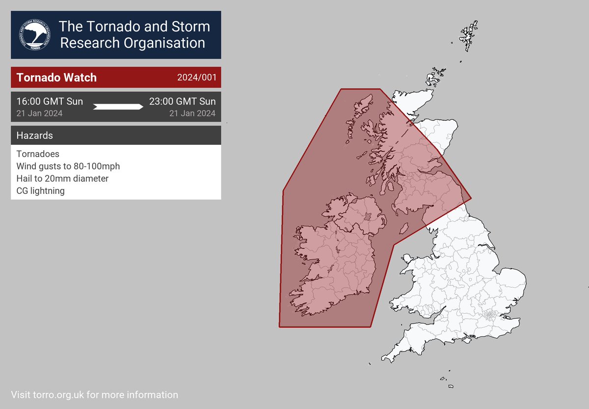 PaulKnightley's tweet photo. @TorroUK Tornado Watch, and a Convective Discission have been issued, associated with #StormIsha https://t.co/l5fCAWQDu5