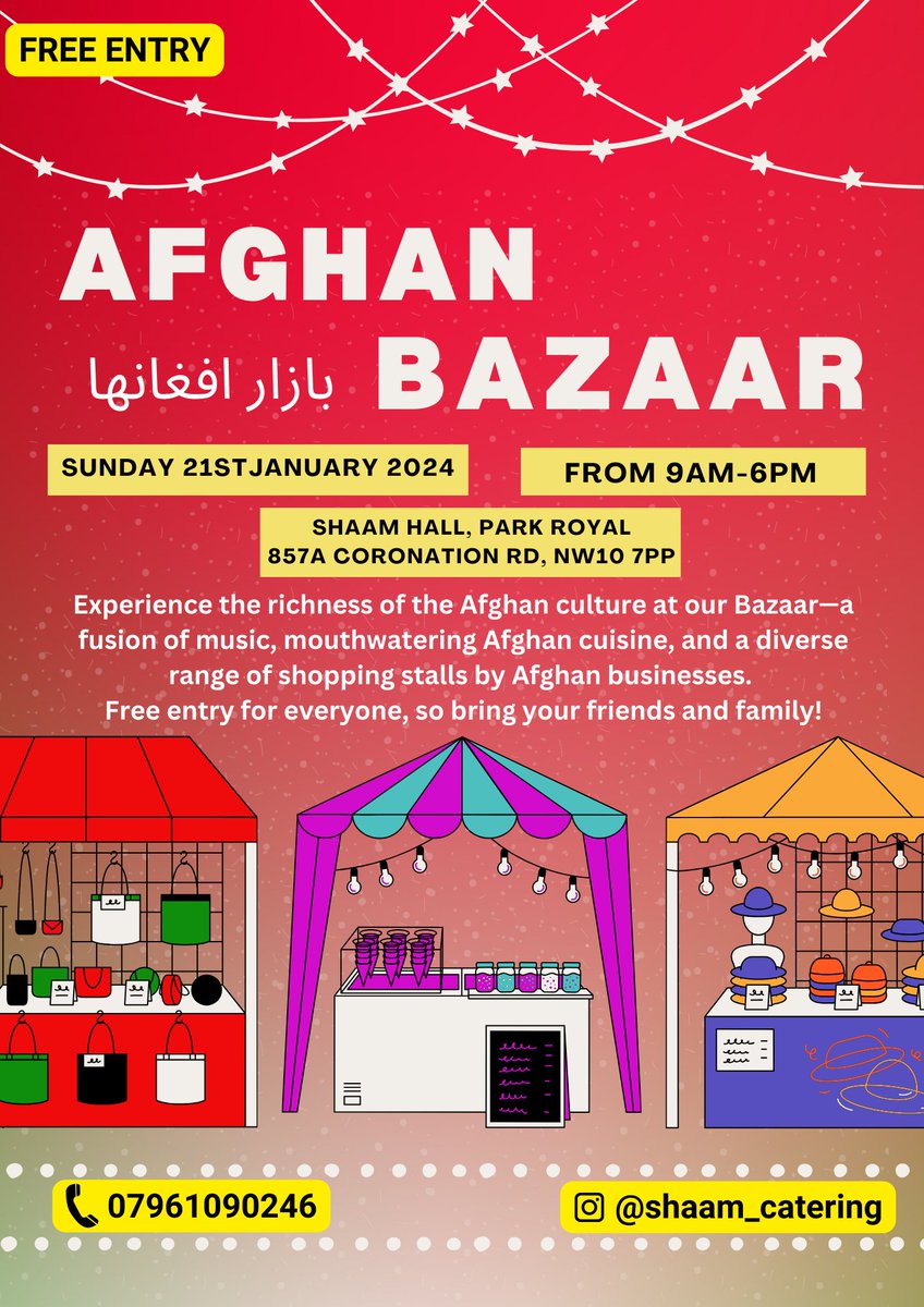 Experience the richness of the Afghan culture at the Afghan Bazaar—a fusion of music, mouthwatering Afghan cuisine, and a diverse range of shopping stalls by Afghan businesses. 

Address: Shaam Hall, 857a Coronation Rd, London NW10 7PP
Time: From 9am-6pm
Free Entry