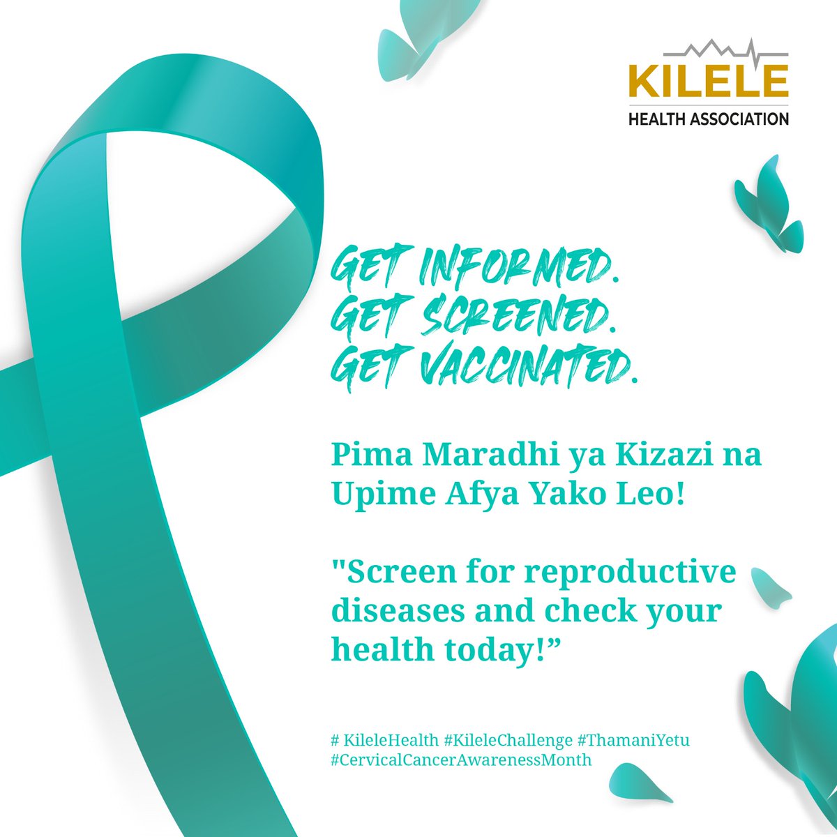 KILELEHealthKE's tweet photo. Get informed, get screened, get vaccinated.
Let's make cervical cancer a thing of the past by being proactive in the present.
#KILELE #KileleChallenge #ThamaniYetu #cervicalcancerawareness https://t.co/Pc3dZa27Bj