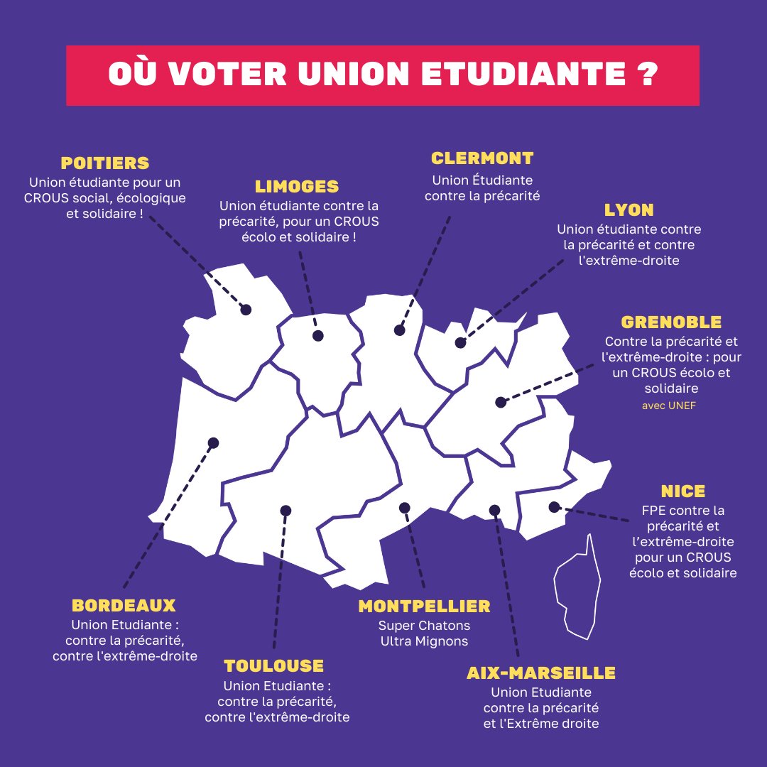 unionetudiante_'s tweet photo. Les élections CROUS auront lieu du 6 au 8 février 2024. Face à la précarité et l'extrême-droite, on vote @unionetudiante_ !

(Pour le Alter-text des cartes, c'est par ici : https://t.co/8qcntjxtTx) https://t.co/jaO0YVqOET