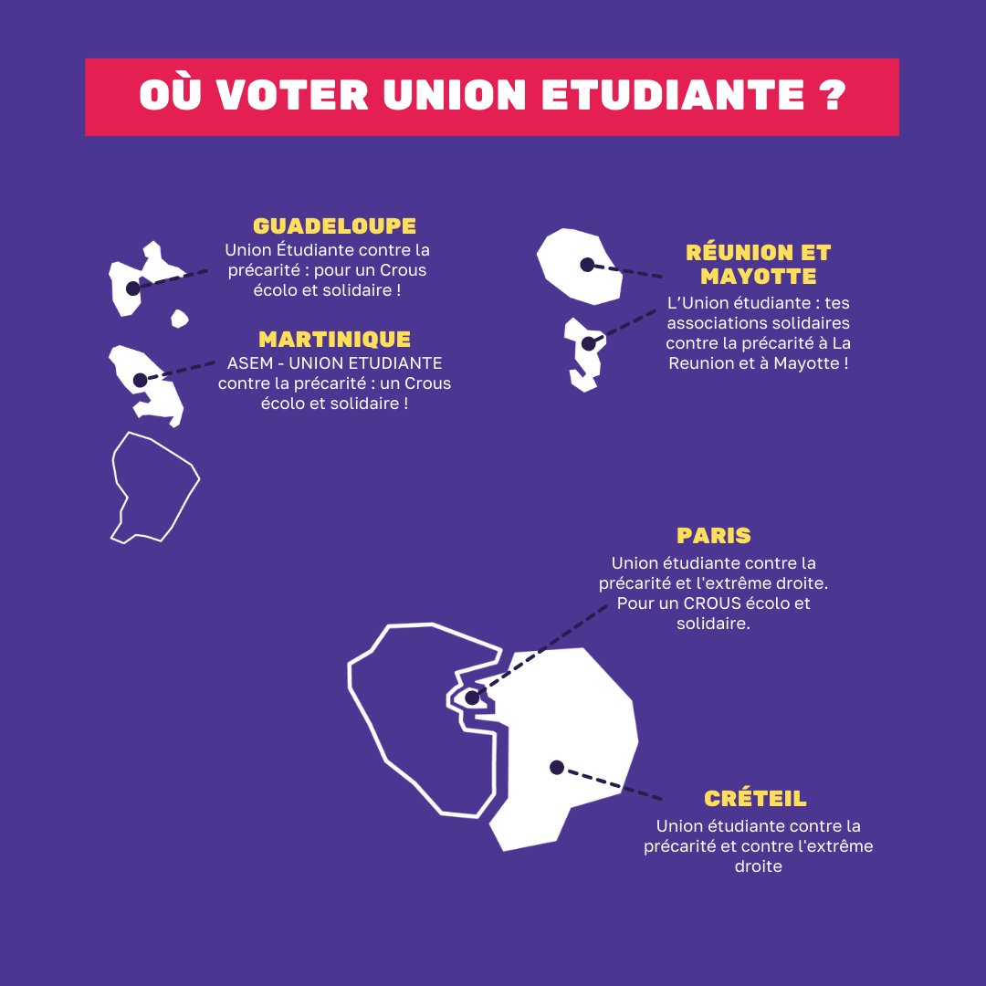 Les élections CROUS auront lieu du 6 au 8 février 2024. Face à la précarité et l'extrême-droite, on vote <a href="/unionetudiante_/">L’Union Étudiante</a> !

(Pour le Alter-text des cartes, c'est par ici : drive.google.com/file/d/1S749i8…)