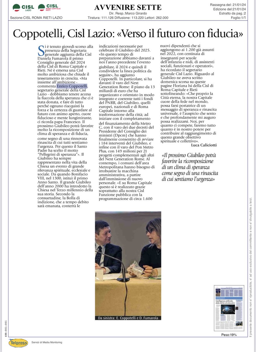 CislRomaRieti's tweet photo. Si è tenuto giovedì scorso, alla presenza della Segretaria Generale Aggiunta della Cisl Nazionale Daniela Fumarola il primo Consiglio generale del 2024 della Cisl di Roma Capitale e Rieti questa mattina #21gennaio su Avvenire Lazio ampio resoconto. https://t.co/6tWuJbHXrR