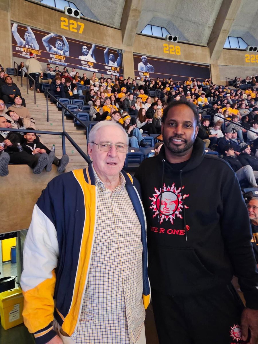 Two WVU Sports Hall of Famers - former coach Gale Catlett and forward Darryl Prue taking in Saturday’s Kansas victory at the Coliseum. Photo from Darryl’s Facebook page.
<a href="/WVUhoops/">WVU Men's Basketball</a>