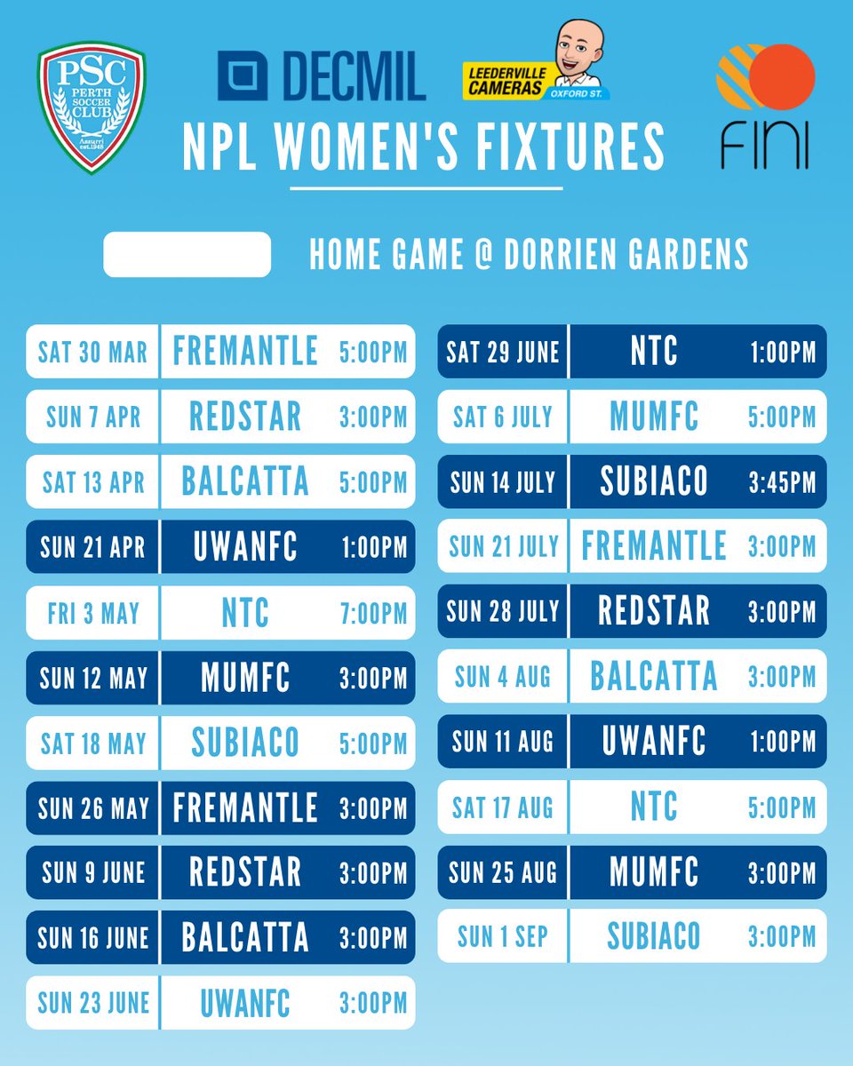 Our NPLW campaign will begin on March 30th, as we
host Fremantle in a Saturday evening fixture at Dorrien Gardens

This will be the first of 3 home games to kick off
our 2024 campaign, including a Super Saturday fixture in rd 3, as both our men's &amp; women's sides take on Balcatta