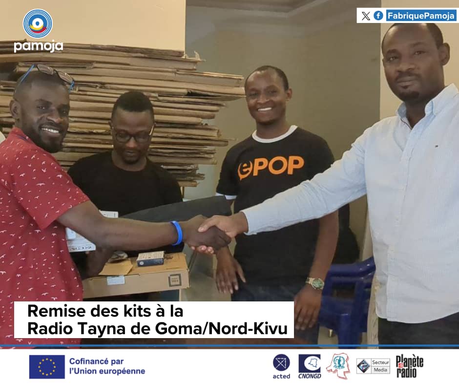 FabriquePamoja's tweet photo. Projet #PAMOJA-RDC : La @radiotayna émettant à #Goma au #NordKivu a également réceptionné ses matériels de production ce mercredi 24/01 à la base de @Acted https://t.co/I752tT1mY0