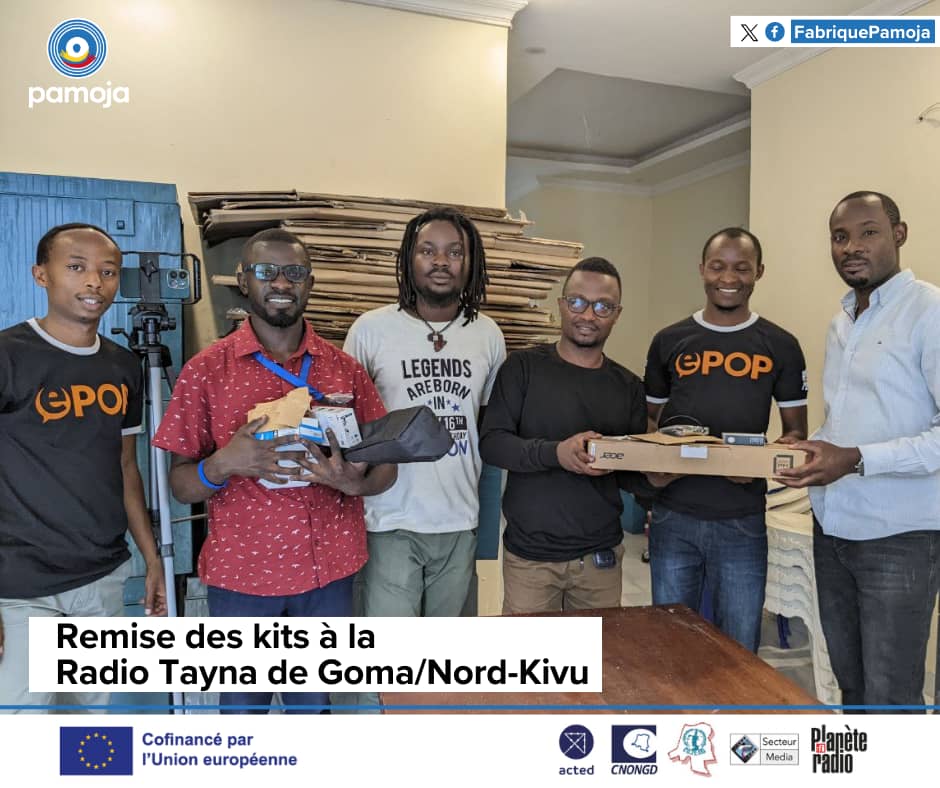 FabriquePamoja's tweet photo. Projet #PAMOJA-RDC : La @radiotayna émettant à #Goma au #NordKivu a également réceptionné ses matériels de production ce mercredi 24/01 à la base de @Acted https://t.co/I752tT1mY0