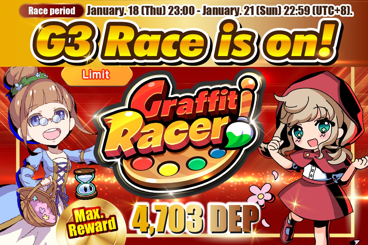 🏆Premium CUP -G3- "Jan" #2 Final Day!🏆

⏰Date:Jan 18 -Jan 21[UTC+8]
✅Participation Requirements:#NFT Sheet with Rarity A-SSS(Lv20 or higher)
🎁Reward:Top5,000 ranking winners will get #DEP
🌟Chance to win up to 4,703 DEP

▶graffitiracer.playmining.com/en/racing_cale…
#GraffitiRacer