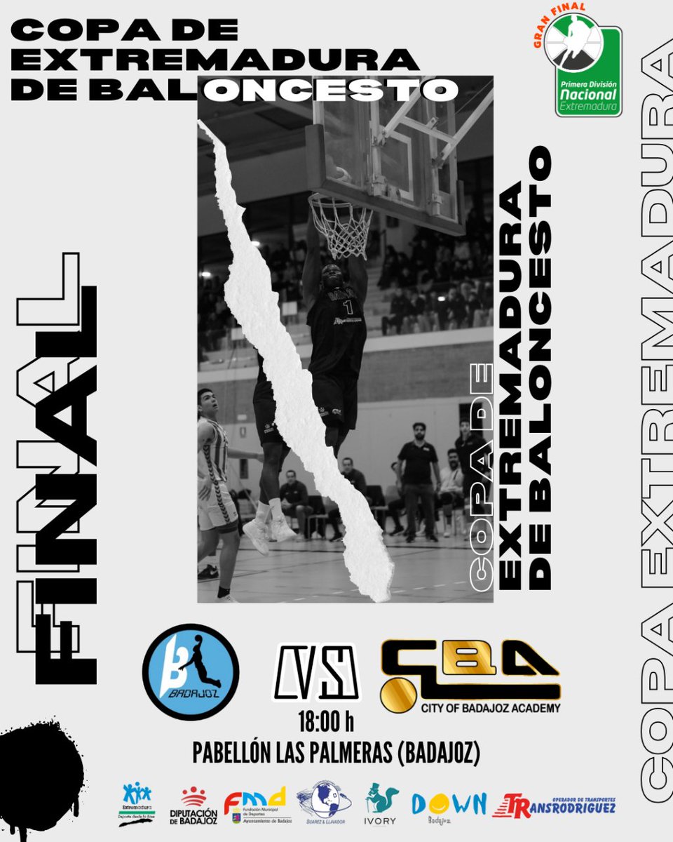 Esta tarde a las 18:00 h nos espera la Final de la Copa de Extremadura de Baloncesto de 1ª Nacional.
Gran derby!!
BB Baloncesto Badajoz 🆚 CBA (Badajoz)
Te esperamos en en Pabellón Las Palmeras!!!
#CBAcademy
#CBAmethod #Badajoz
#basketball #baloncesto
#CBAfamily