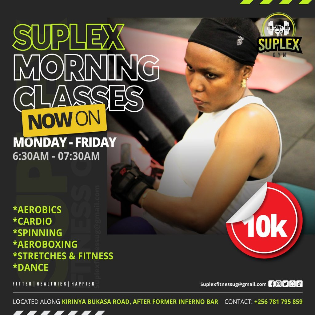 suplexfitnessug's tweet image. Fitness✅lovers Now we ease your days never to miss an Exercise with excuses against time 🤩we proudly introduce morning sessions to enjoy the Funfitness for only 10k…Monday to Friday 6:30am-7:30am tell a friend now Team up. #morningmotivation #morningworkouts #gymprogram #fun