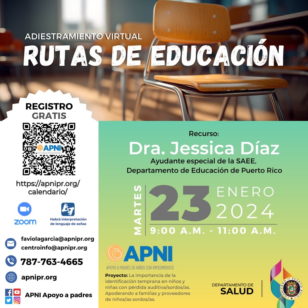 desaludpr's tweet photo. Familiares y proveedores de servicios para niños con pérdida aditiva/sordos: ¡No te pierdas el taller Rutas de Educación! Nuestro PCANU y @APNI_Apoyo responderán tus preguntas sobre la educación de tu niño o niña con pérdida auditiva o impedimento. 🔗https://t.co/YueZTxNyCV https://t.co/DX4g1WgDTq