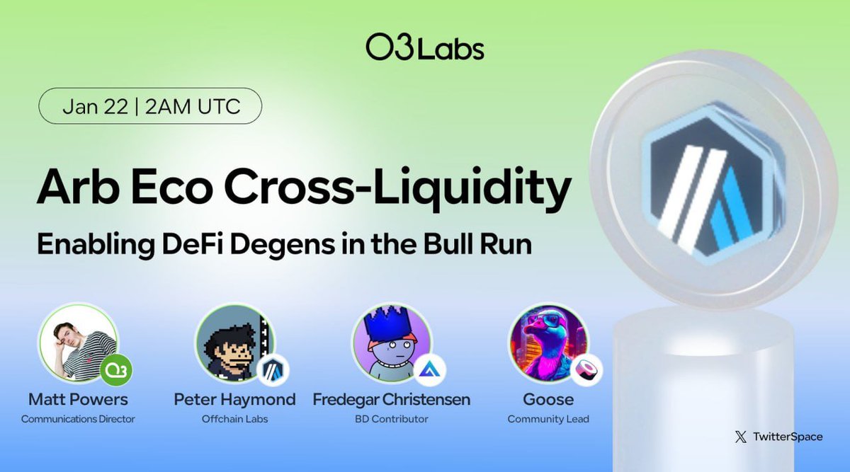 We're super excited to host DeFi OGs like Peter Haymond of <a href="/offchain/"></a>, Fredegar Christensen of <a href="/GMX_IO/">GMX 🫐</a> and Goose from <a href="/SushiSwap/">Sushi.com</a> 🍣 as part of our Arb Eco Cross-Liquidity Bonanza campaign!

Set your reminders now or you'll miss it 👇
x.com/i/spaces/1lDxL…