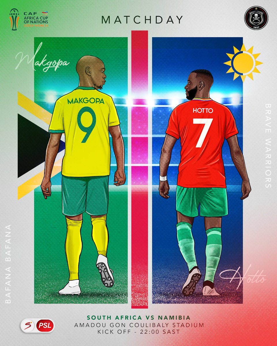 ☠️ 🇿🇦 𝗠𝗔𝗧𝗖𝗛𝗗𝗔𝗬 🇳🇦 🏆 #TotalEnergiesAFCON2023       ⚽️ @BafanaBafana 🇿🇦 vs @Official_NFA 🇳🇦 📆 Today, 21 January 2024 🏟 Amadou Gon Coulibaly Stadium, 🇨🇮 🕙 22h00 SAST 📺 SuperSport PSL 🏴‍☠️ Tapelo Xoki 🏴‍☠️ Nkosinathi Sibisi 🏴‍☠️ @tmonare4 🏴‍☠️ @DeonHotto 🏴‍☠️…