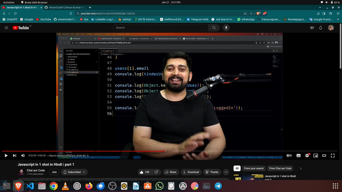Amanc77's tweet image. Day 72 of #100DaysOfCode
Today i revised some basics topics of JavaScript
1) Array
2) String
3) Object
@Hiteshdotcom sir teaching style is very nice
it is one of the best series of JavaScript on Youtube
#chaiaurJavaScript