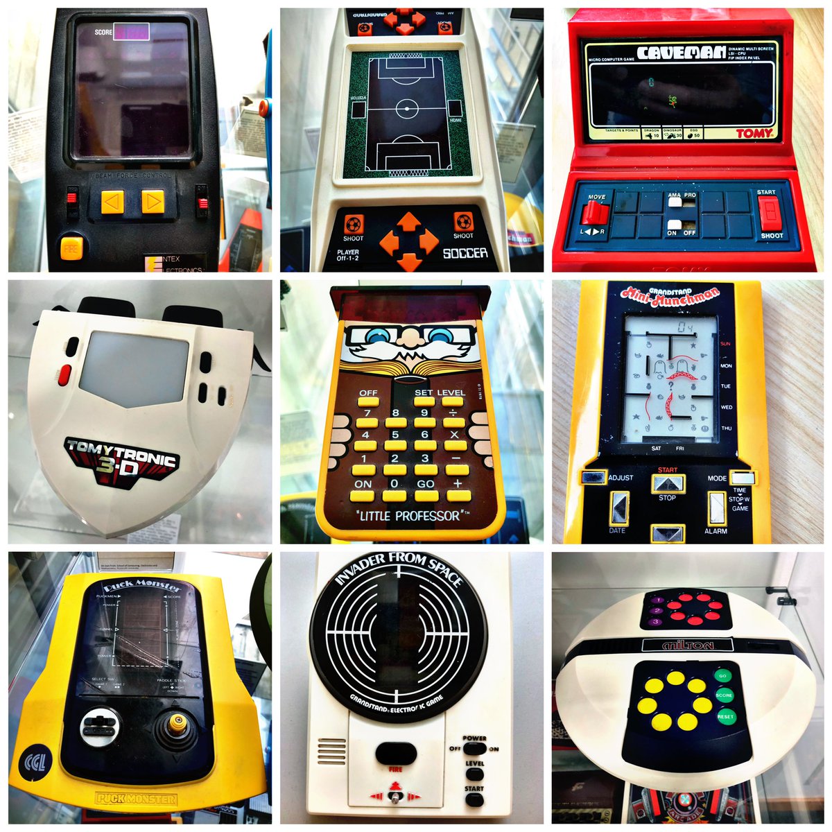 SWRetroComp's tweet photo. This week’s #RetroEnnead offers you #SpaceInvader, #KevinKeeganSoccer, #Caveman, #ThunderingTurbos, #LittleProfessor, #MiniMunchman, #PuckMonster, #InvaderFromSpace and #Milton. Pick a line of 3 and dump the rest! #RetroComputing #ComputerHistory #RetroGaming #VideoGames https://t.co/Ja8mod8FWh