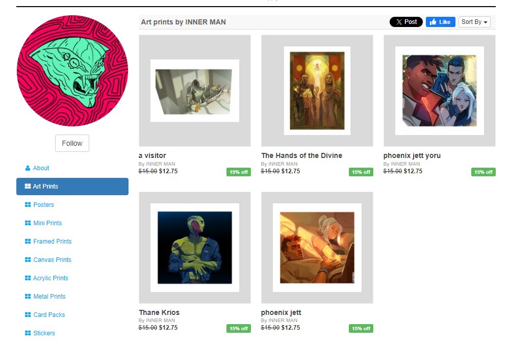 INNERMAN_K's tweet image. 🎉I just opened my inprnt store!🎉
>>inprnt.com/gallery/innerm…
I've uploaded my Valorant, Mass Effect, Dragon Age arts. There will be more updates in the some day.
You can now get my art in print!