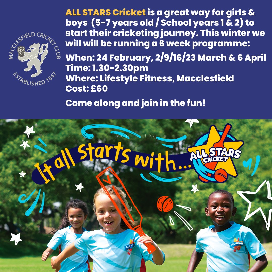 Bookings are now open for our All Stars Winter Programme 🌟🌟🌟 a great introduction to cricket and designed for players aged 5-7 years old. Please click on the link for further information and to secure your child's place ecb.clubspark.uk/AllStars/BookC…
#cricket #macclesfield