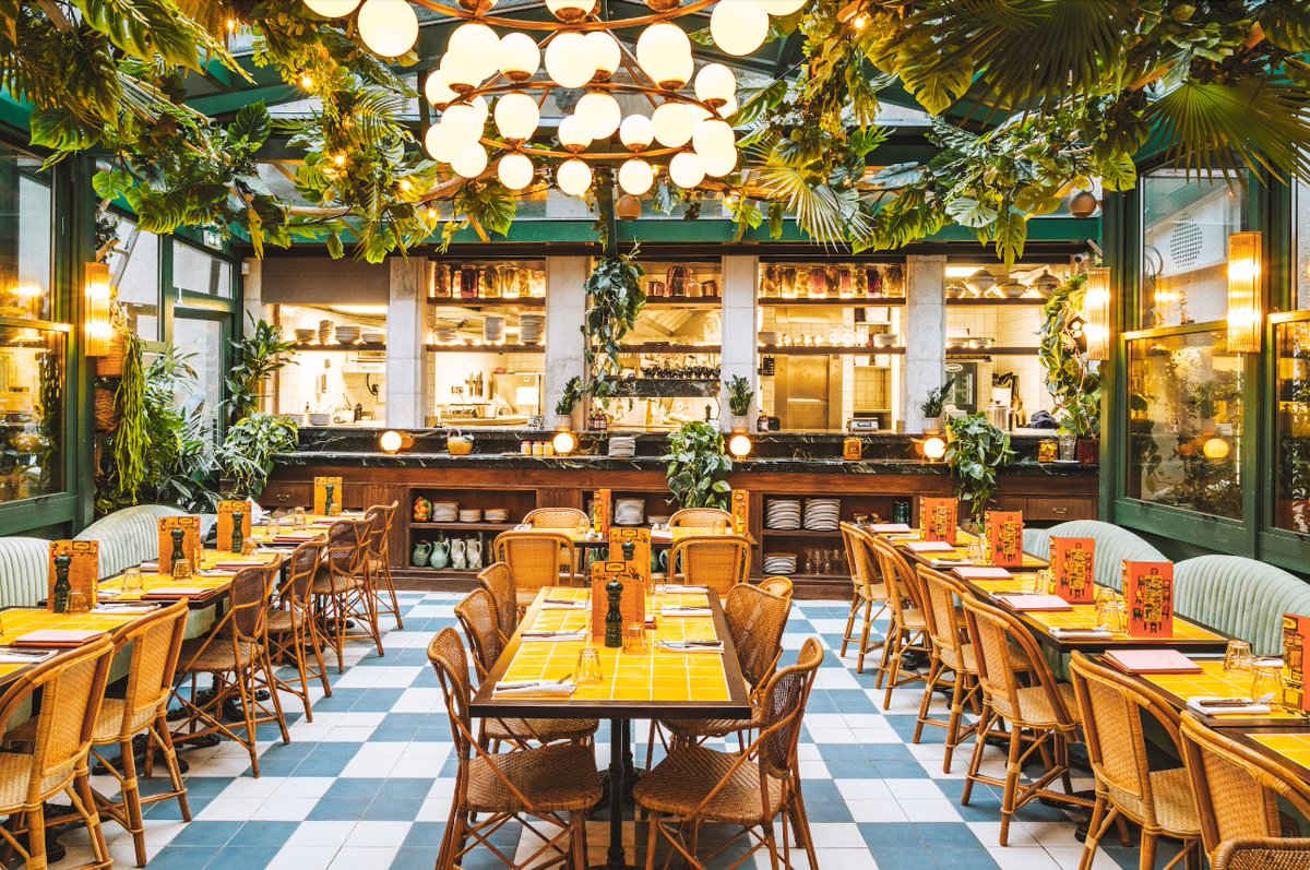 Brasserie Campion's courtyard features a unique checkerboard tiled floor and yellow Moroccan tile tabletops are tied together with lavish greenery. This trio creates a fun and vibrant atmosphere.

Read more about this project here: b3designers.co.uk/portfolio/proj…

#B3Designers #Lille