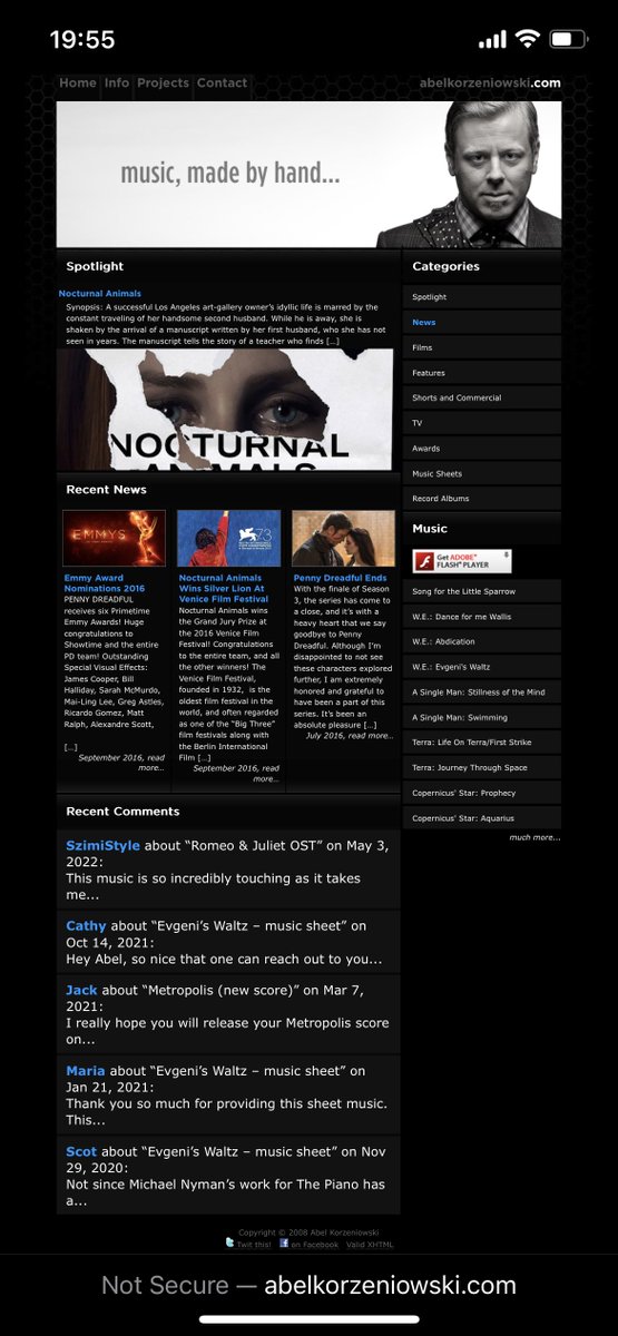 Drogi Panie <a href="/korzeniowski/">Abel Korzeniowski</a>,
Your music accompanies my web design work daily. I feel connected - age, Krakow, emigration, creative occupation. Like you, two of my clients hold BAFTA awards. It would be my privilege to design and build the website you deserve. pls DM