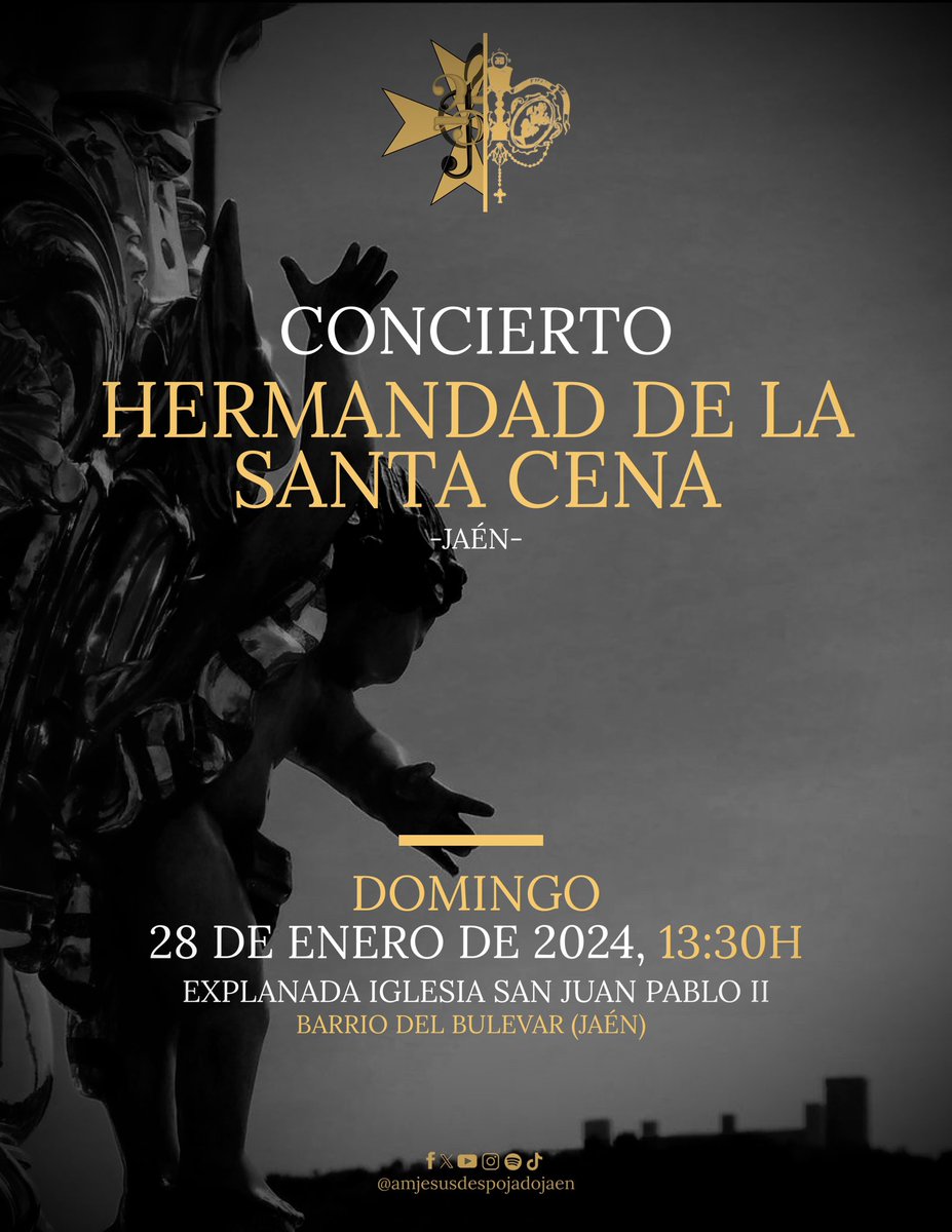 ⚫️ 𝐂𝐎𝐍𝐂𝐈𝐄𝐑𝐓𝐎 𝐇𝐄𝐑𝐌𝐀𝐍𝐃𝐀𝐃 𝐒𝐀𝐍𝐓𝐀 𝐂𝐄𝐍𝐀 (𝐉𝐀É𝐍) <a href="/SantaCenaJaen/">Hermandad de la Santa Cena - Jaén</a> 

🗓️ 28 | 01 | 2024
🕢 13:30H
📍 Explanada Iglesia San Juan Pablo II

#estreno Nueva Composición Musical

🎼 “ 𝐕𝐎𝐋𝐕𝐄𝐑 𝐀 𝐕𝐄𝐑𝐓𝐄” 
✍️Raul Delgado Perera <a href="/radelpe_/">Raúl Delgado Perera</a>