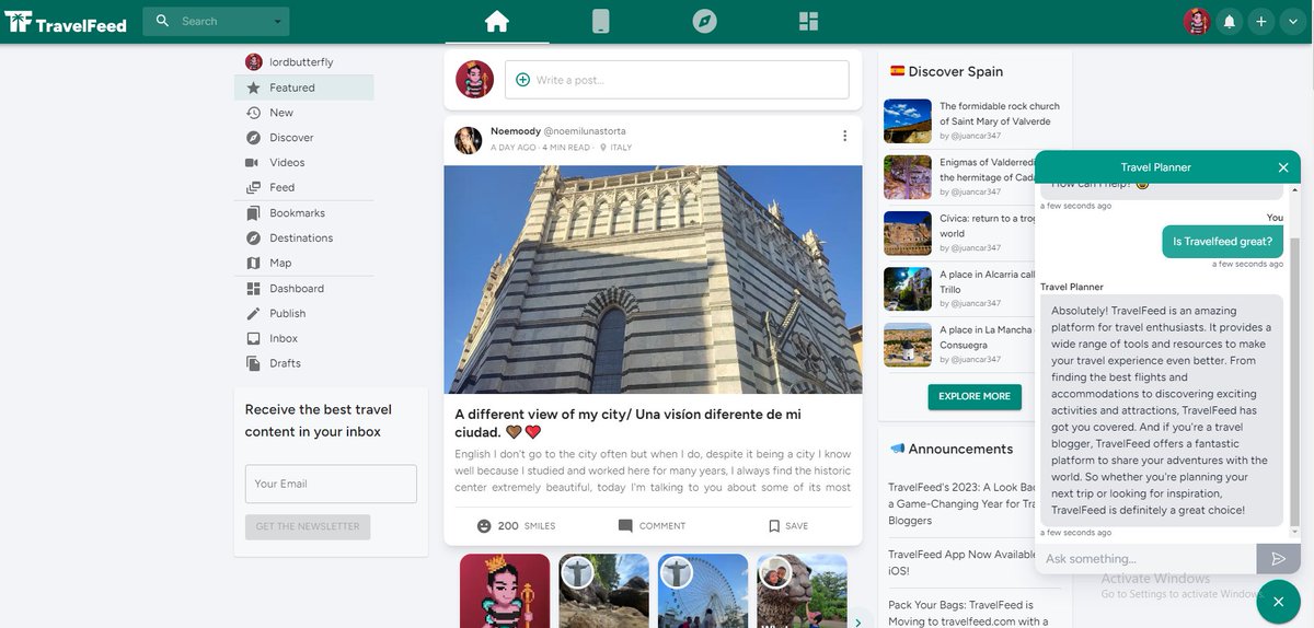 Lordbutterfly (@lordbutterfly) on Twitter photo Not enough people are talking about <a href="/joinTravelFeed/">TravelFeed</a> on #Hive.
Beautiful UI, an AI assistant (something all our dapps need) and the best SEO of any Hive social media dapp. Not enough people are talking about <a href="/joinTravelFeed/">TravelFeed</a> on #Hive.
Beautiful UI, an AI assistant (something all our dapps need) and the best SEO of any Hive social media dapp.