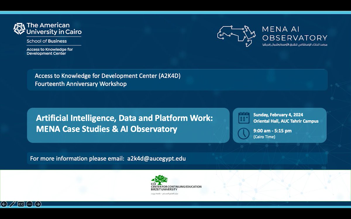A2K4D's tweet photo. We are pleased to invite you to our in-person event! A2K4D's 14th Anniversary 🎉 workshop titled “Artificial Intelligence, Data and Platform Work: MENA Cases Studies & AI Observatory” @BirzeitCCE
🗓 Sun Feb 4th, 2024
🕙 9:00 am - 5:15 pm
📍Oriental Hall, AUC Tahrir Campus https://t.co/ty0aVi7AhC