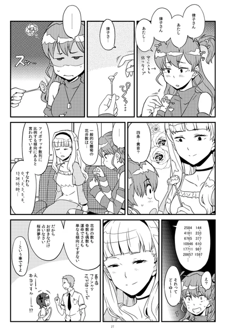 一応まともな貴音も描いてます。 この頃の漫画はプロットを伝える事をおろそかにしてますね…。 夢子が律子に負けてるな～と思って花占いをしてるけど、それを見た貴音が「運命とは傾向に過ぎないから、どんだけでも占って、がんばんなさい」と、科学的に応援するって内容です。春香に贈られた花で。