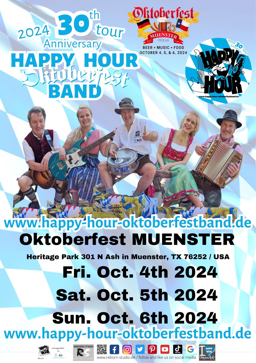 HAPPY HOUR OKTOBERFESTBAND live @ OKTOBERFEST MUENSTER 2024 / Texas / USA Muenster, Heritage Park 301 N Ash, Texas 76252, USA Friday, October 04th - Sunday, October 06th 2024 HAPPY HOUR OKTOBERFESTBAND The 30th Anniversary Oktoberfest tour 2024 happy-hour-oktoberfestband.de